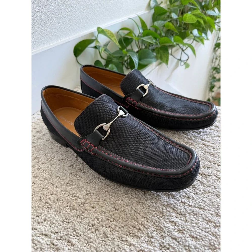 Donald Pliner Dannien Loafers Men 13 Black Nylon Leather Bit Red Stitch Brazil